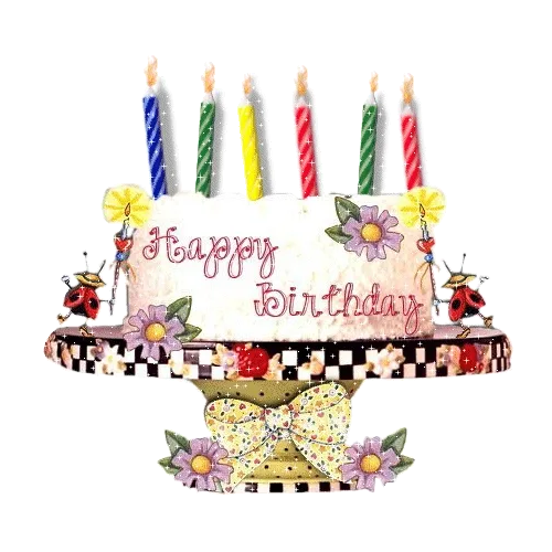 Jarig verjaardagstaart met kaarsjes en bloemen, met de tekst "Happy Birthday".