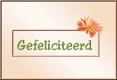 Tekst "Gefeliciteerd" met een bloem in de hoek op een lichte achtergrond.