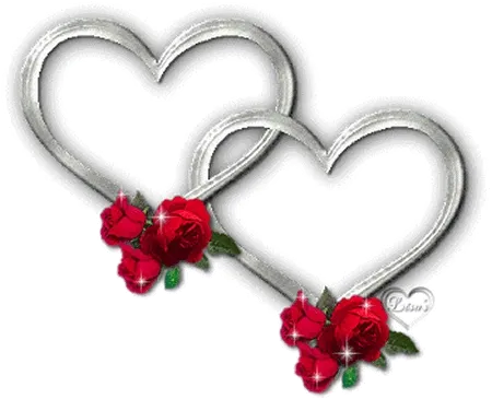 Twee zilveren hartjes met rode rozen en glitters.