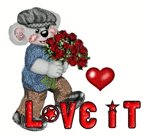 Een schattige muis met rozen en de tekst "LOVE IT".