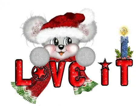 Een schattige teddybeer met kersthoed en het woord 'LOVE IT' in glanzende letters.