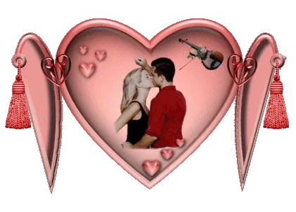 Koppel kust binnen een hartvormige lijst met muzikale elementen en hartjes.