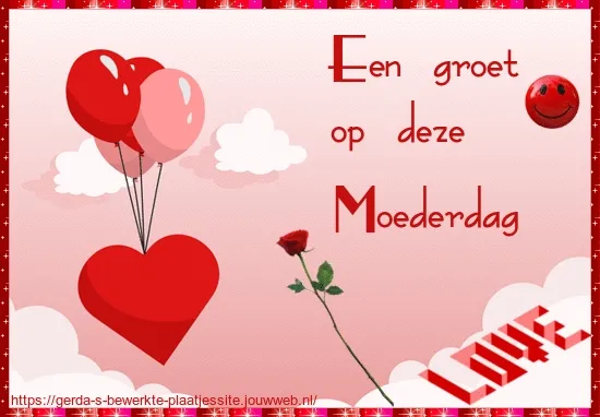 Kleurijke achtergrond met hart, ballonnen en roos, ter gelegenheid van Moederdag.