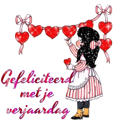 Een meisje hangt hartjes op voor een verjaardagswens. Tekst: "Gefeliciteerd met je verjaardag".