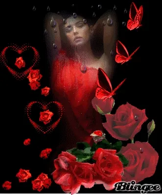 Vrouw in rode jurk te midden van rozen en vlinders op een donkere achtergrond.