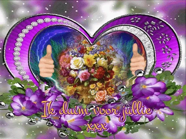 Kleurige hartvorm met bloemen en duimen omhoog, tekst "Ik duim voor jullie".