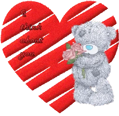 Grijze teddybeer met een roos voor een hartvormige achtergrond en tekst "I think about you".