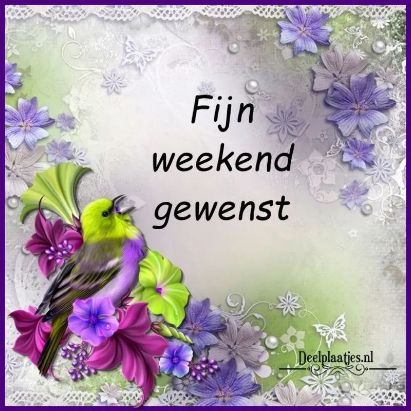 Illustratie met een vogel en bloemen, tekst: "Fijn weekend gewenst".