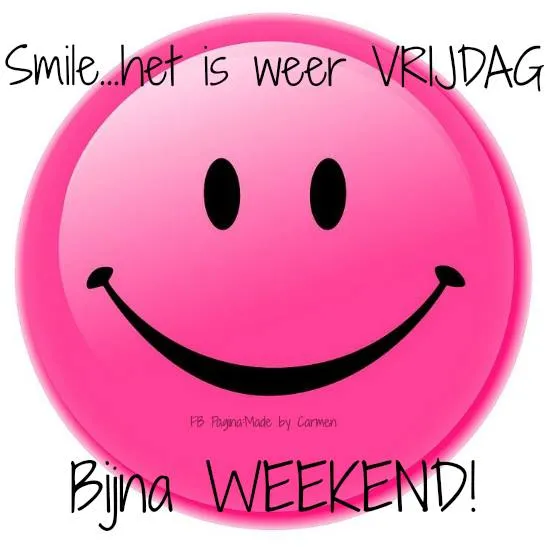 Roze emoticon met een glimlach, tekst 'Vrijdag, bijna weekend!' in vrolijke letters.