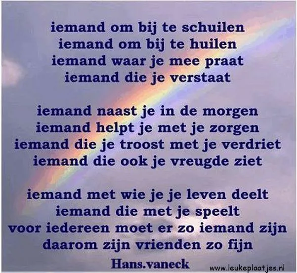 Tekst met een regenboog en een boodschap over vriendschap en steun.