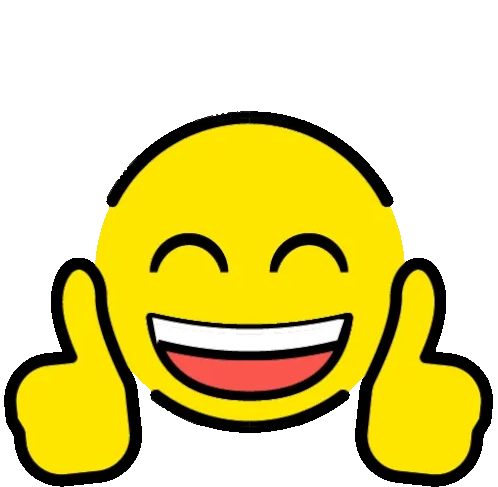 Blije, gele smiley met opgeheven duimen en een grote lach.