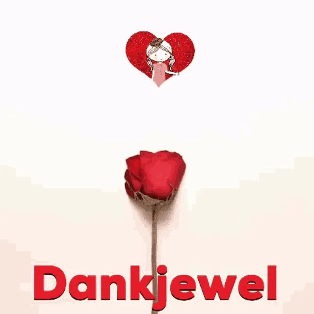 Een rode roos onder de tekst "Dankjewel" en een hart met een meisje erboven.