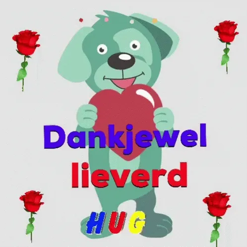 Een cartoonhond houdt een hart vast met de tekst "Dankjewel lieverd HUG".