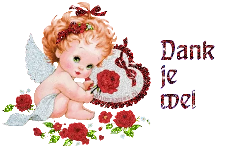 Een schattige engel met rozen, met de tekst "Dank je wel".