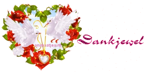 Witte duiven en rozen in een hartvorm met de tekst "Dankjewel".