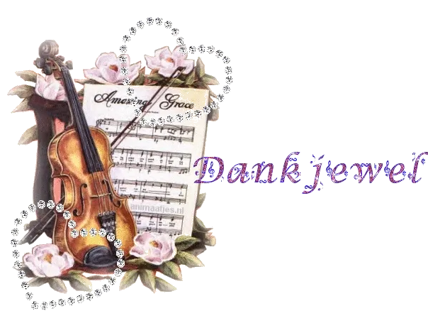 Afbeelding met een viool, bladmuziek en de tekst "Dank je wel".