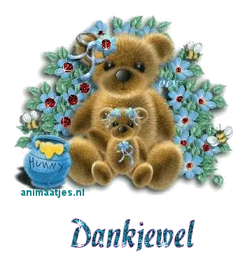 Een schattige teddybeer met bloemen en de tekst "Dankjewel".