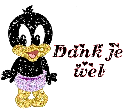 Een schattige vogel met een glimlach en de tekst "Dänk je wël".