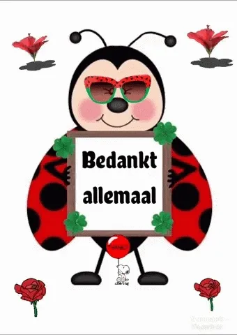 Een vrolijke lieveheersbeestje met een bord dat "Bedankt allemaal" zegt.