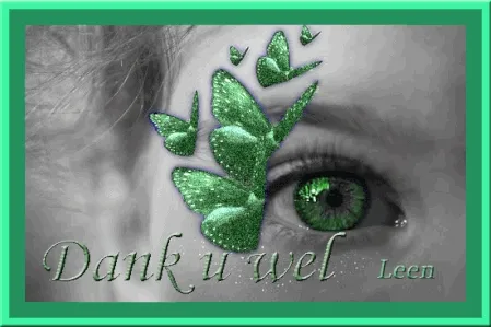 Groene hartvormige bladeren en een oog, met de tekst "Dank u wel Leen".