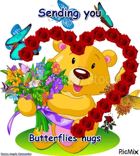 Een schattige teddybeer met bloemen in een hart vorm met vlinders eromheen.