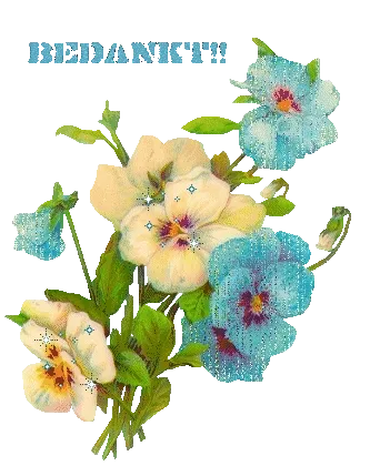 Een boeket bloemen met de tekst 'BEDANKT!!' erboven.