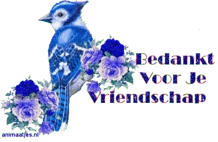 Blauwe vogel met bloemen, tekst "Bedankt Voor Je Vriendschap" ernaast.
