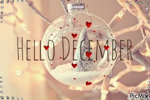 ᐅ december gif - December plaatjes Transparante kerstbal met een boom en de tekst "Hallo December". Decoratieve harten eromheen.