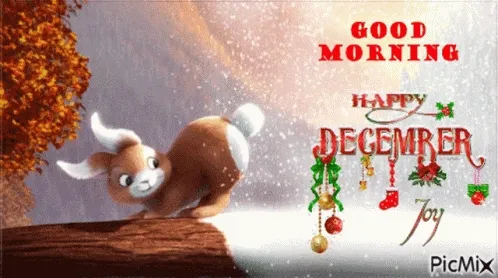 ᐅ december gif - December plaatjes Een schattige cartoongeit met kerstversiering en de tekst 'Goedemorgen, Happy December'.