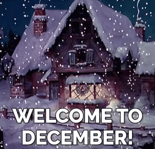 ᐅ december gif - December plaatjes Sneeuw bedekt een schattig huisje met de tekst "Welkom in december".