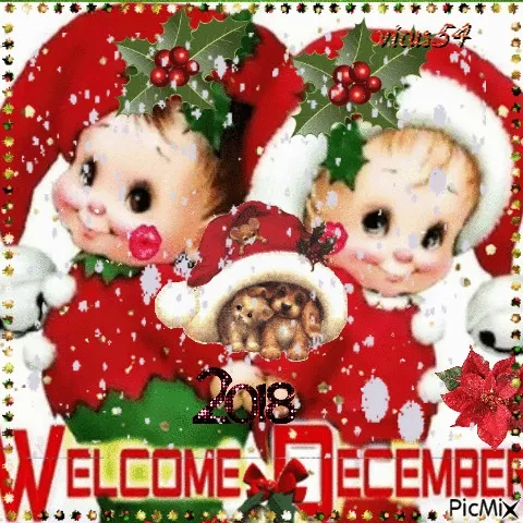 ᐅ december gif - December plaatjes Twee schattige kerstkinderen in feestkleding met 'Welcome December' tekst.