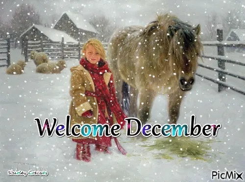 ᐅ december gif - December plaatjes Een meisje met een paard in de sneeuw, verwelkomt december.