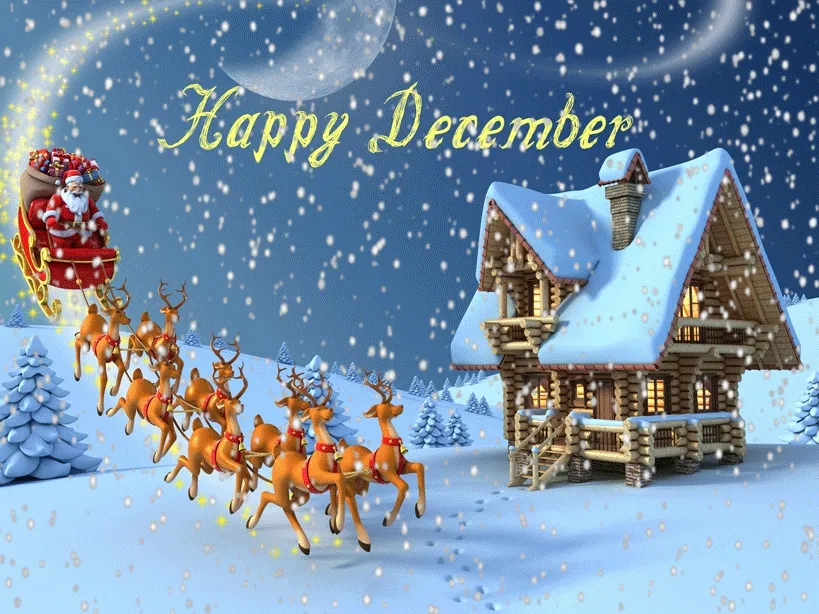 ᐅ december gif - December plaatjes Een sneeuwlandschap met een huis, rendieren en een arrenslee met de Kerstman.