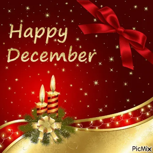ᐅ december gif - December plaatjes Feestelijke afbeelding met tekst "Happy December" en kerstdecoraties.