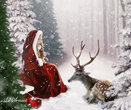 ᐅ december gif - December plaatjes Een meisje in een rode jurk zit op de grond naast een hert in de sneeuw.