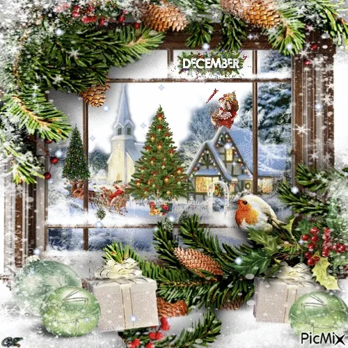 ᐅ december gif - December plaatjes Sneeuwlandschap met kerstboom, geschenken en een kerk in de achtergrond.