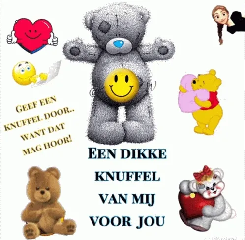 Een schattige teddybeer met een glimlach, omringd door hartjes en andere knuffelvrienden.