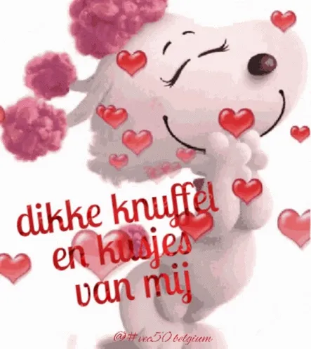 Een schattig cartoonpersonage met hartjes en de tekst "dikke knuffel en kusjes van mij".