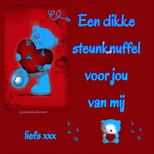Blauwe teddybeer met een hart, op een rode achtergrond, met de tekst "liefs xxx".