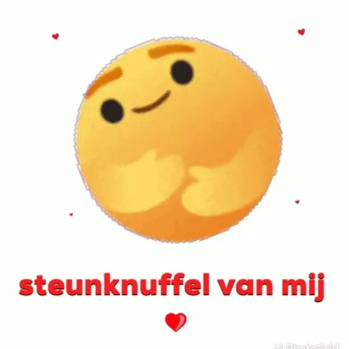 Een vrolijke gele bal met een blije gezichtsuitdrukking en de tekst "steunknuffel van mij".