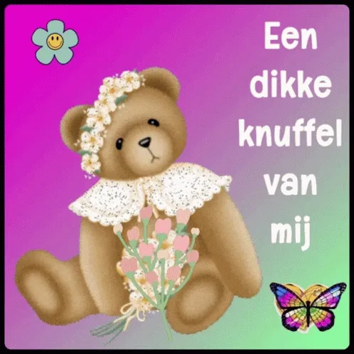 Een schattige beer met bloemen en een boodschap van genegenheid.