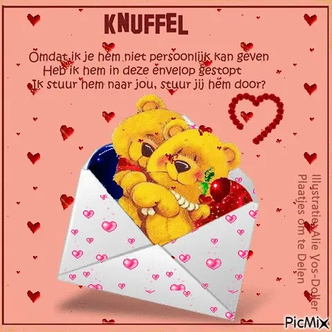 Twee teddyberen in een envelop met hartjes en een knuffelboodschap.