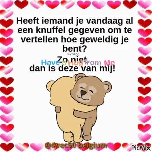 Twee schattige beren omhelzen elkaar tussen hartjes. Tekst over knuffels en waardering.