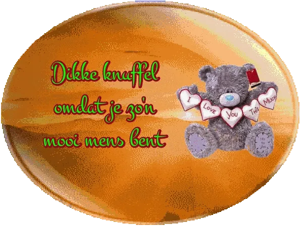 Grijze teddybeer met harten en de tekst 'Dikke knuffel, omdat je zo’n mooi mens bent'.