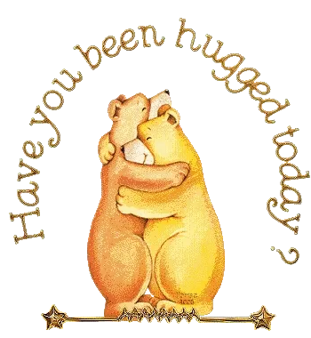 Twee schattige beren omhelzen elkaar met de tekst "Heb je vandaag een knuffel gekregen?".