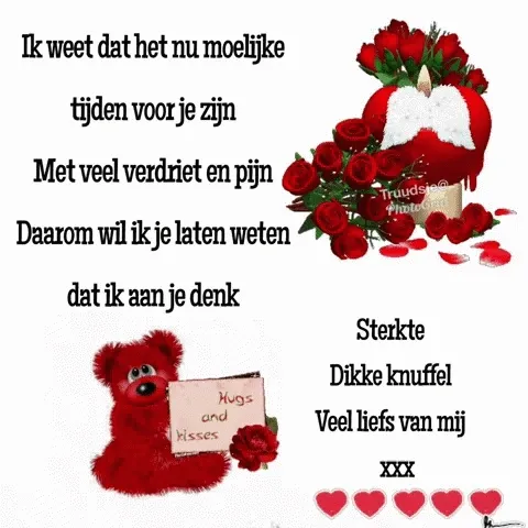 Een kaart met steunbetuiging, rozen en een knuffelbeer.