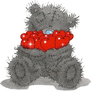 Een pluizige teddybeer met een schatte van rode hartjes.