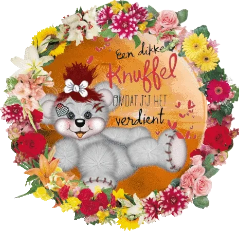 Een schattige teddybeer omringd door bloemen met de tekst "Een dikke knuffel".