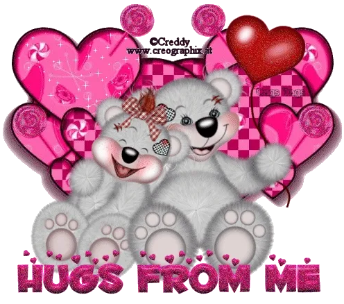 Twee schattige teddyberen met harten en de tekst "Hugs From Me".
