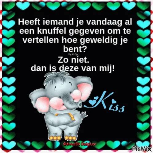 Een schattige olifant met een hart, met een boodschap over knuffels en complimenten.